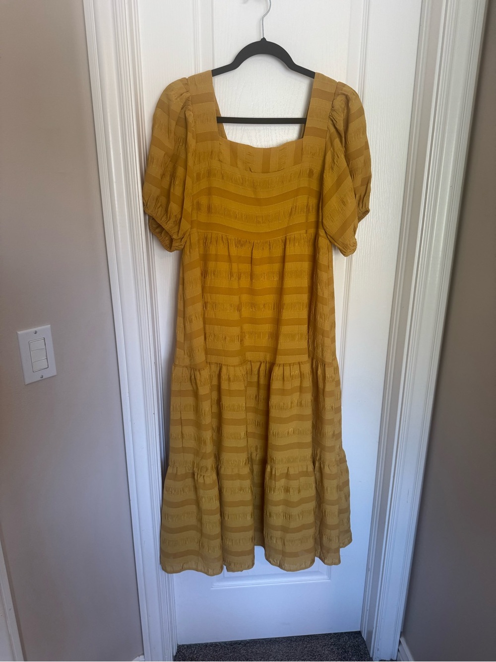 Mikarose Mustard Yellow Square Neck Tiered Dress